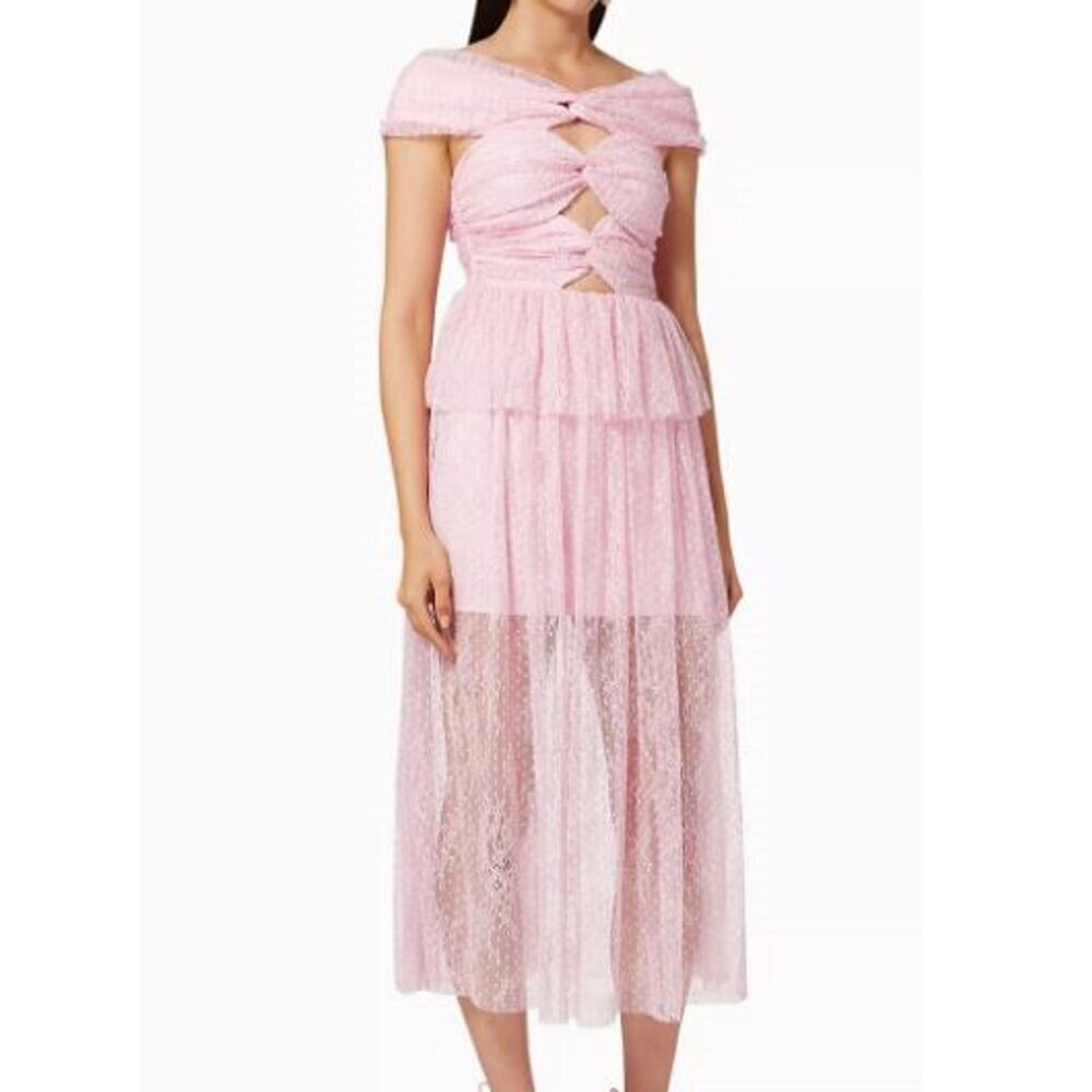 Alice McCall Keyhole Lace Off the Shoulder Midi Dress Back Zip Size 8 Pink